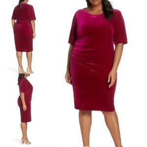 Vince Camuto Ruched Velvet Dress in Fusia pink